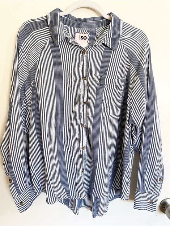 SO Tops - SO Navy and White Vertical Stripe Button-Up Long Sleeve Collared Shirt, Large